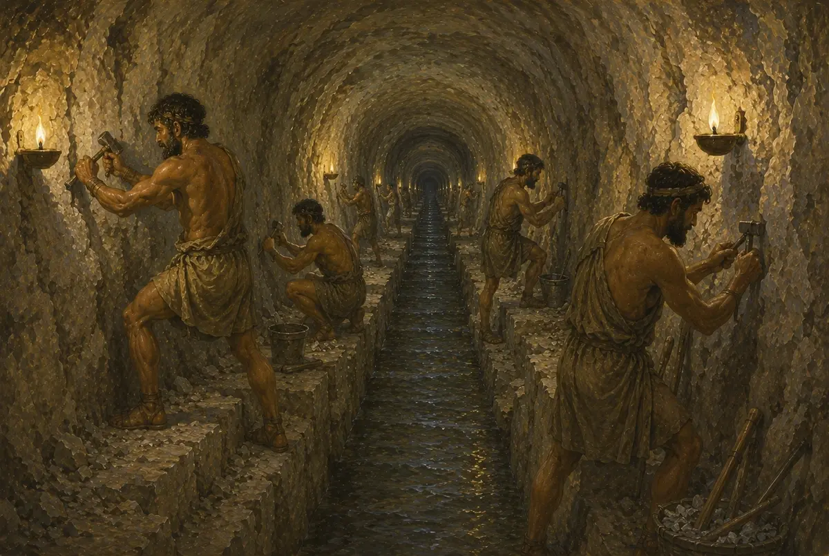 The long rock-cut water tunnel of Eupalinos running straight through the mountain on Samos, its channel disappearing into the dark.