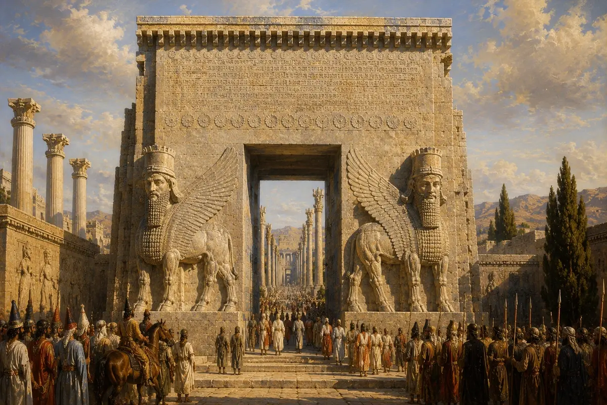 The monumental Gate of All Nations at Persepolis, its carved winged bulls flanking the entrance beneath Xerxes' inscription.