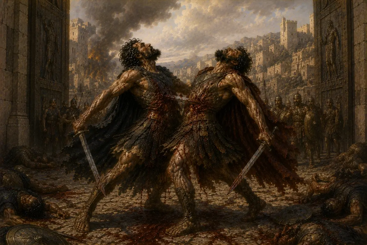 The two brothers Eteocles and Polynices run each other through simultaneously in the gateway of the seventh gate of Thebes.