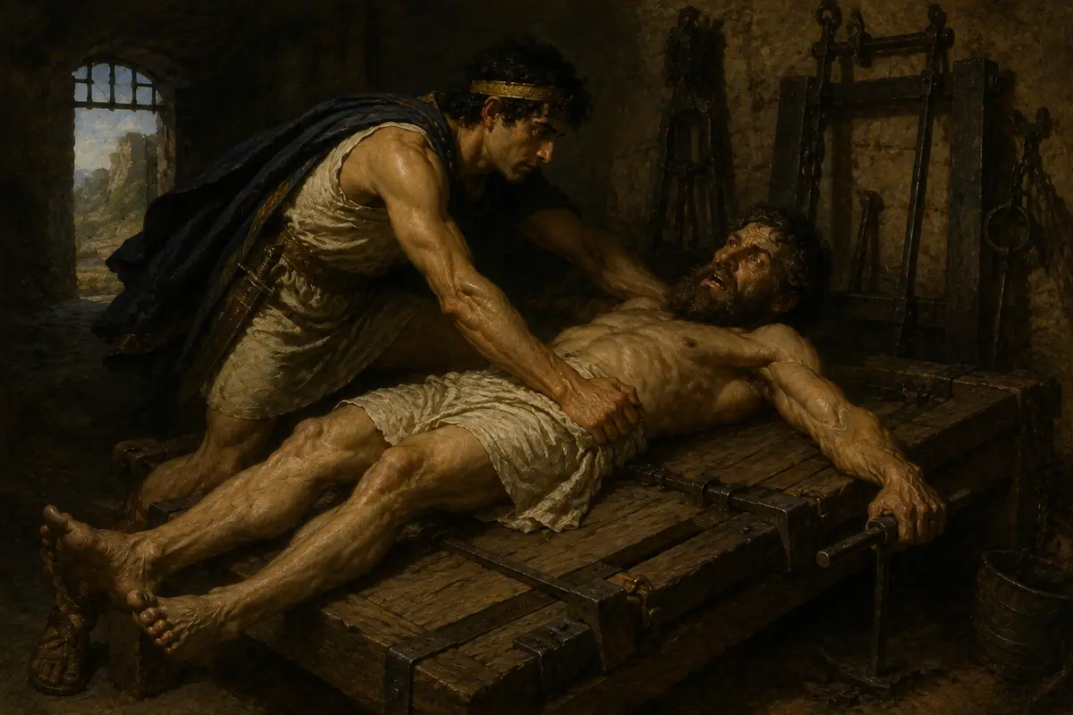 Theseus forces Procrustes onto his own bed on the road to Athens, the iron frame and tools of his trade visible behind them.
