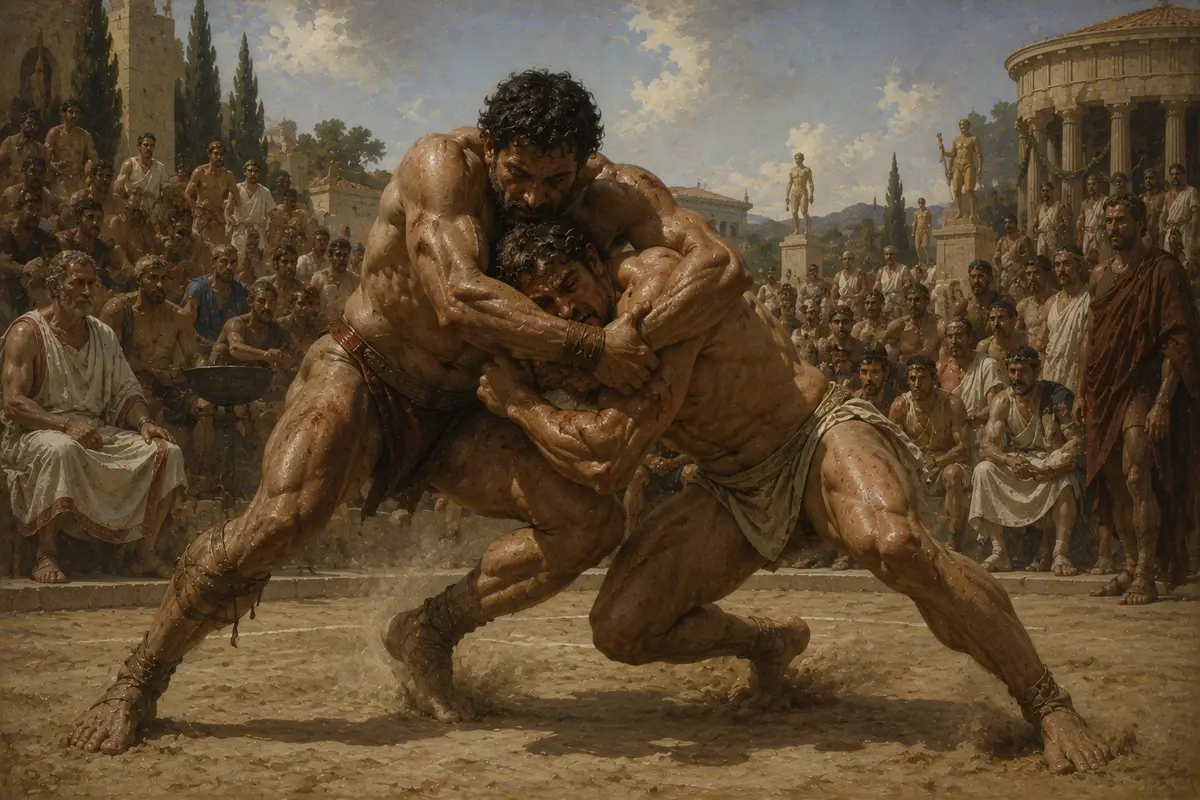 Two Greek athletes grapple in the pankration, the ancient Olympic all-in combat event permitting almost everything short of biting and eye-gouging.