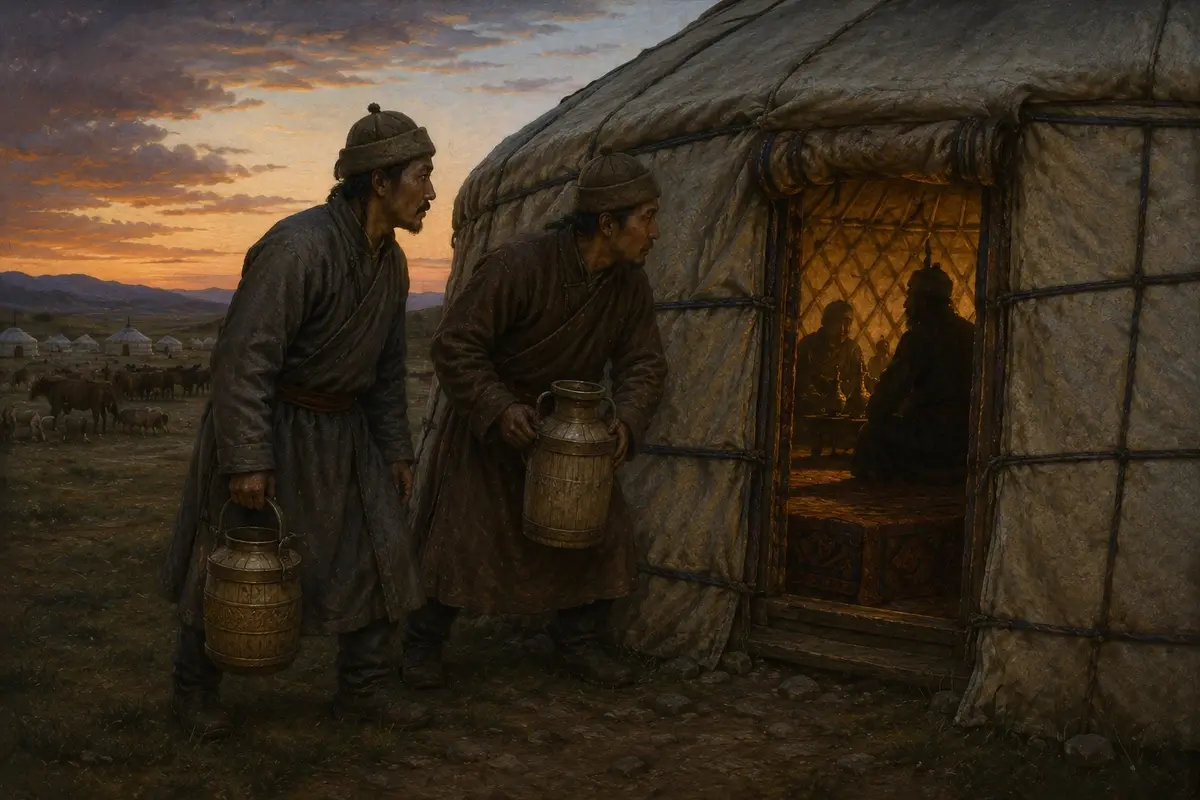 Two herdsmen pausing outside a felt tent at dusk with vessels of milk in their hands, listening to voices from inside