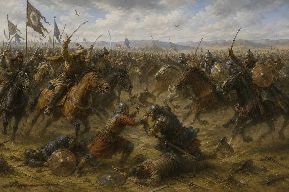 Two lines of steppe cavalry colliding at the gallop, bows discarded and sabres drawn, with unhorsed men fighting on the ground