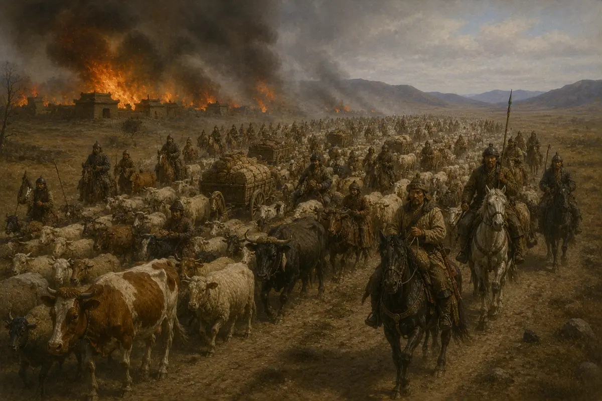 Vast herds of sheep and cattle being driven along a road away from a burning village, with laden carts among them