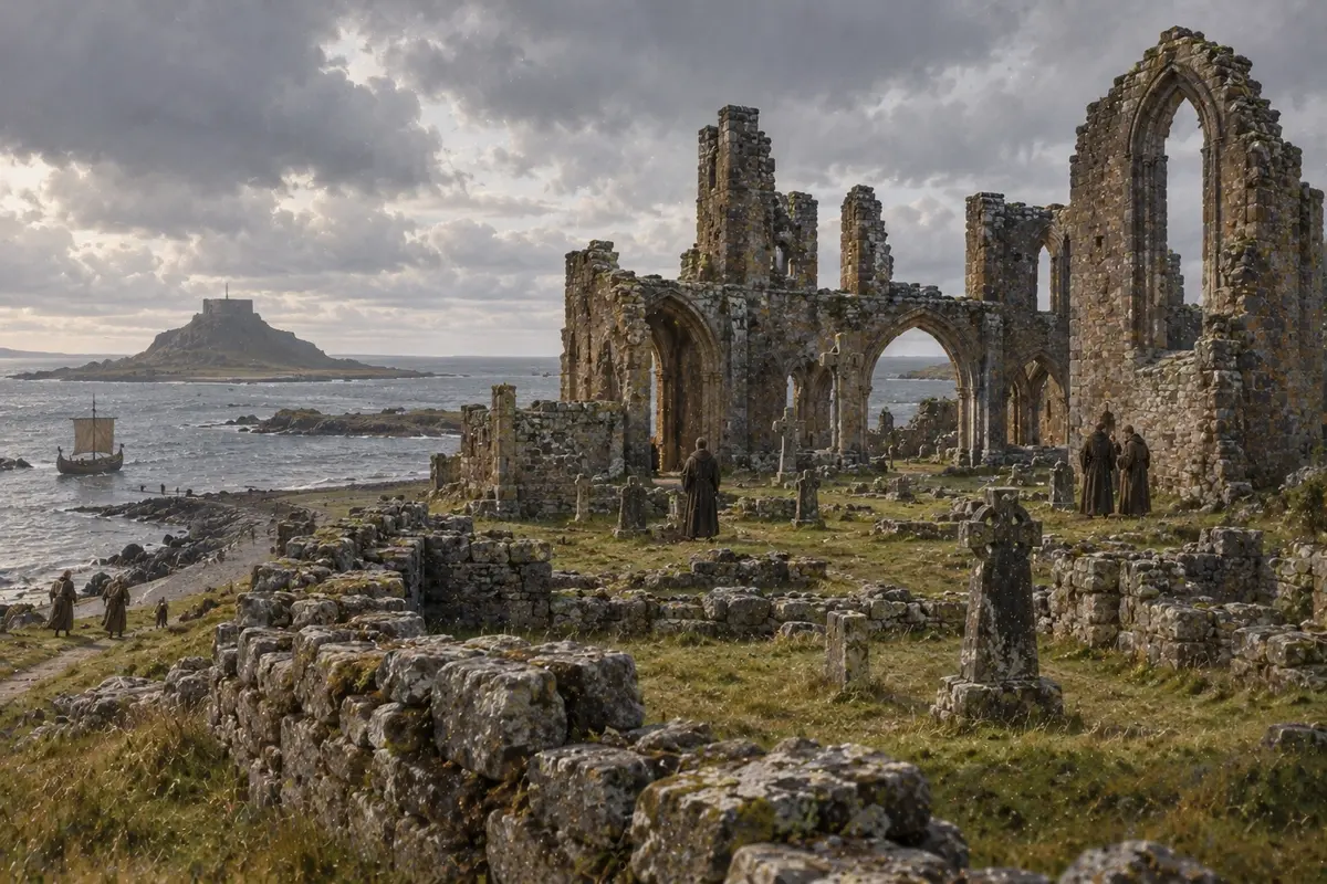 Weathered stone arches and ruined walls of an island monastery standing against a grey North Sea sky