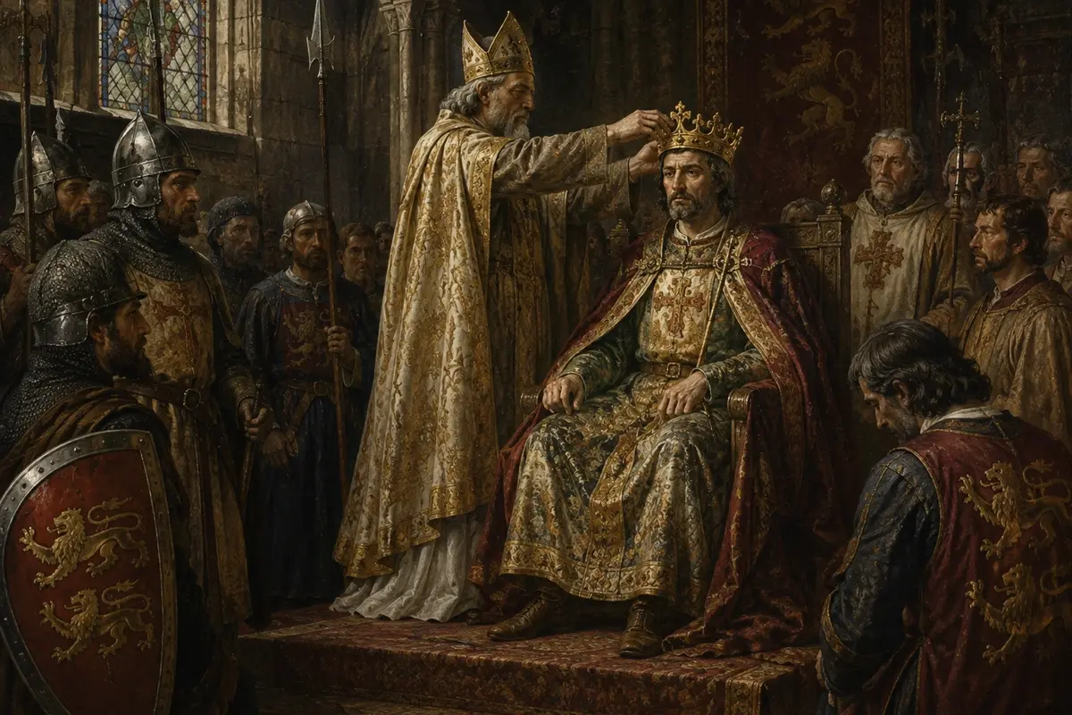 William the Conqueror crowned King of England, depicted in a medieval-style illustration