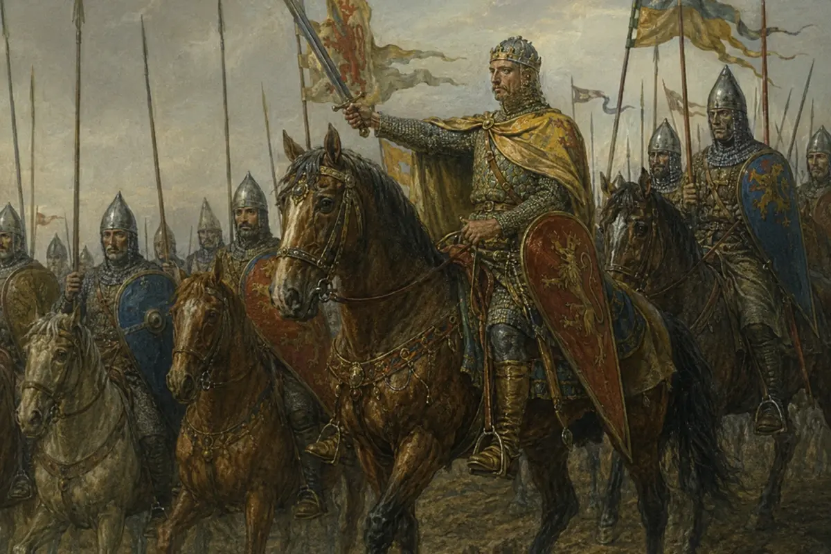 William the Conqueror depicted with mounted Norman knights, in a style echoing the Bayeux Tapestry