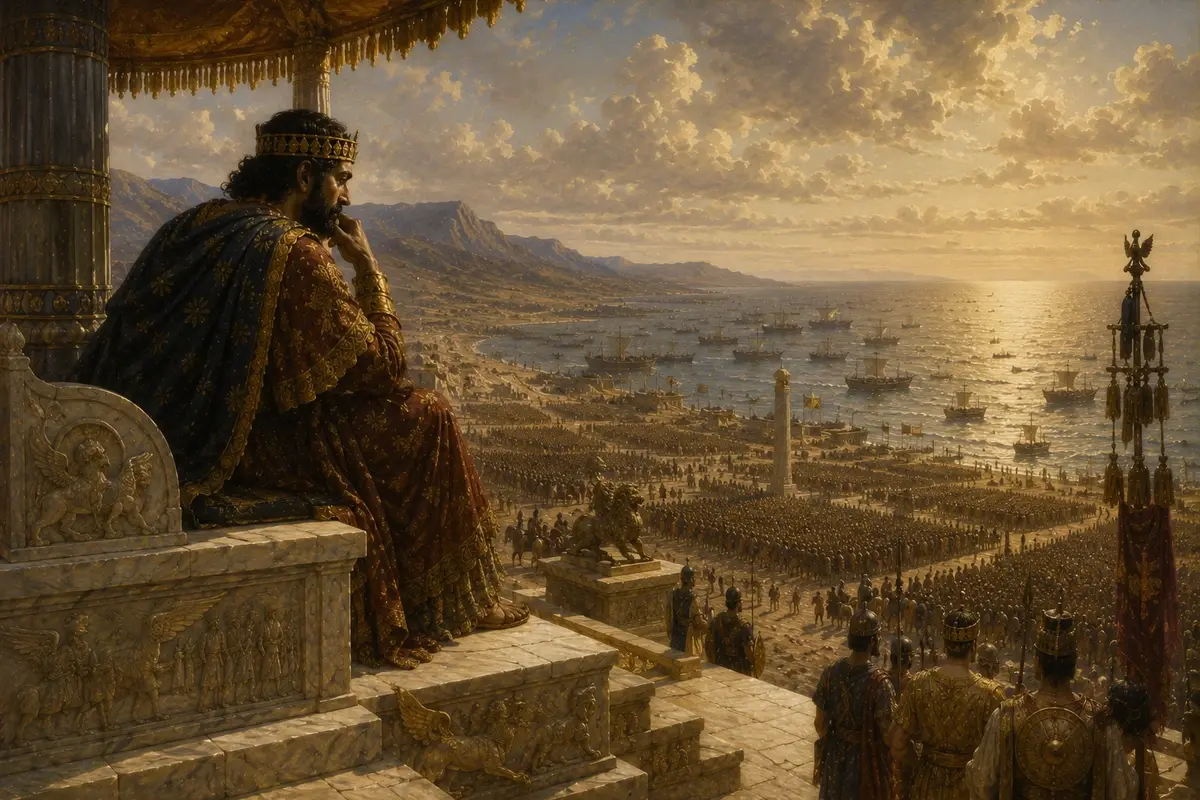 Xerxes sits on a marble seat above the shore at Abydos reviewing his enormous army and fleet, his hand at his face.