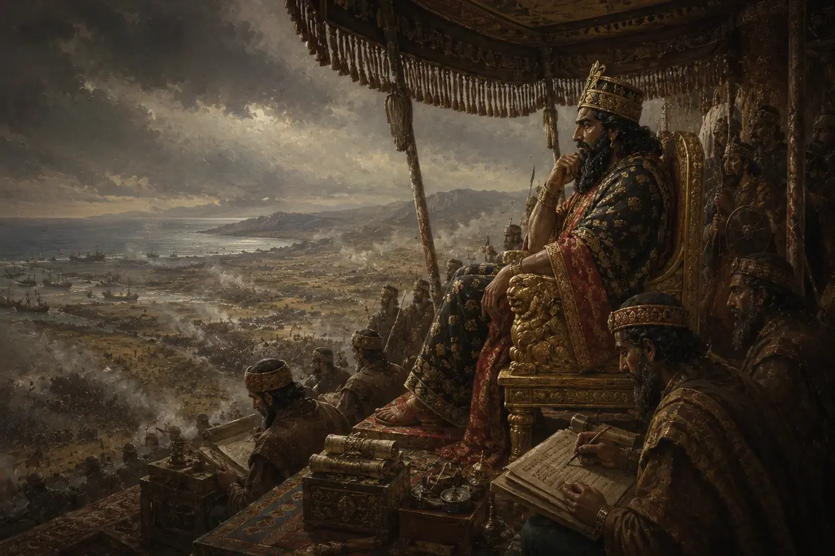 Xerxes sits on his throne on the slopes of Mount Aegaleos with scribes around him, watching the battle below go wrong.
