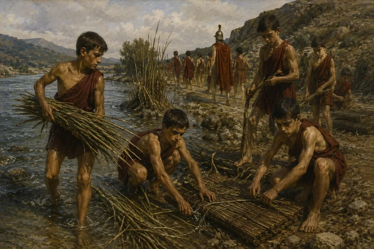 Young Spartan boys in the agoge cut reeds from the riverbank to make their own sleeping mats, barefoot in the cold.