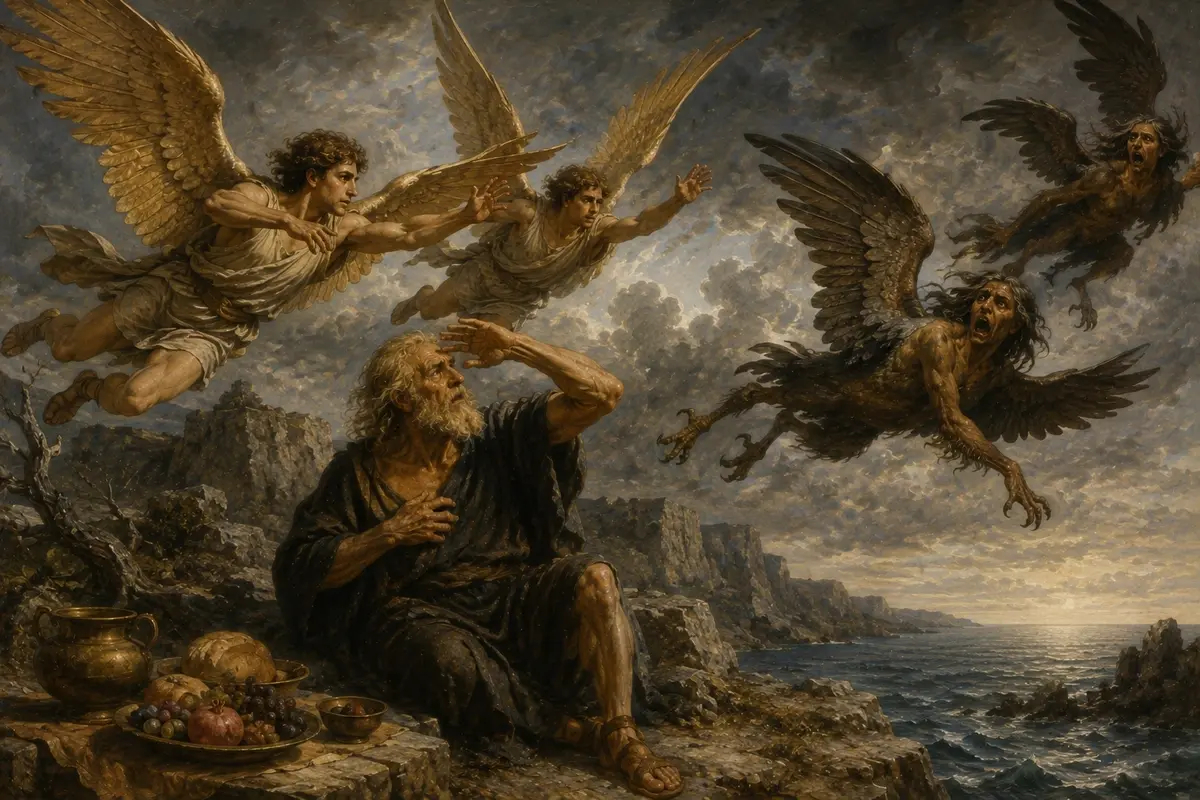 Zetes and Calais, sons of the North Wind with golden wings, chase the Harpies away from the blind prophet Phineus.