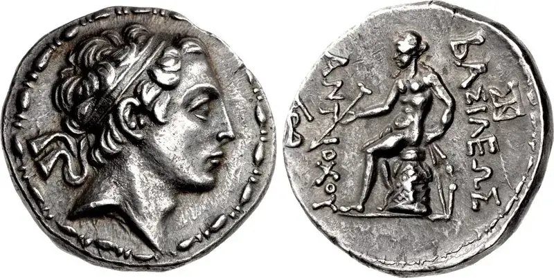 A silver tetradrachm coin bearing the portrait of the Seleucid king Antiochus IV Epiphanes