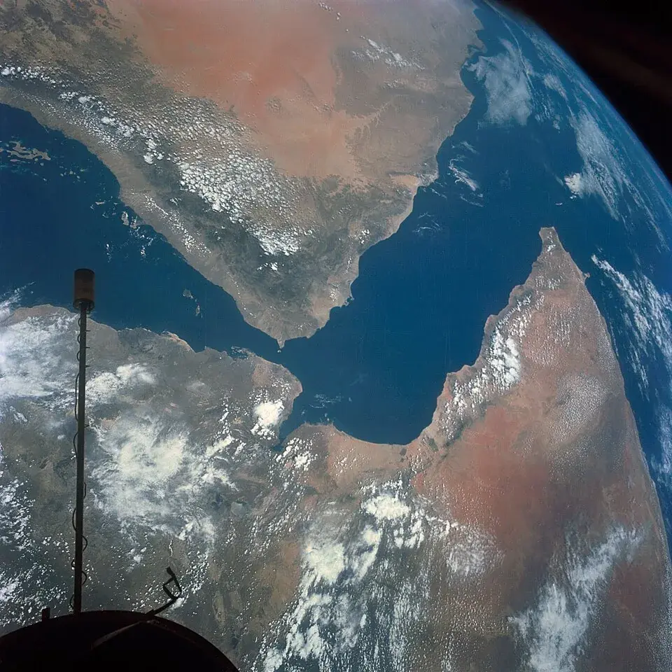 Cargo ships navigating the narrow Bab el-Mandeb Strait between Yemen and the Horn of Africa