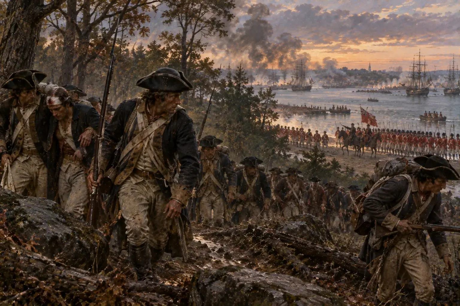 Continental Army soldiers retreating during the 1776 Battle of Long Island