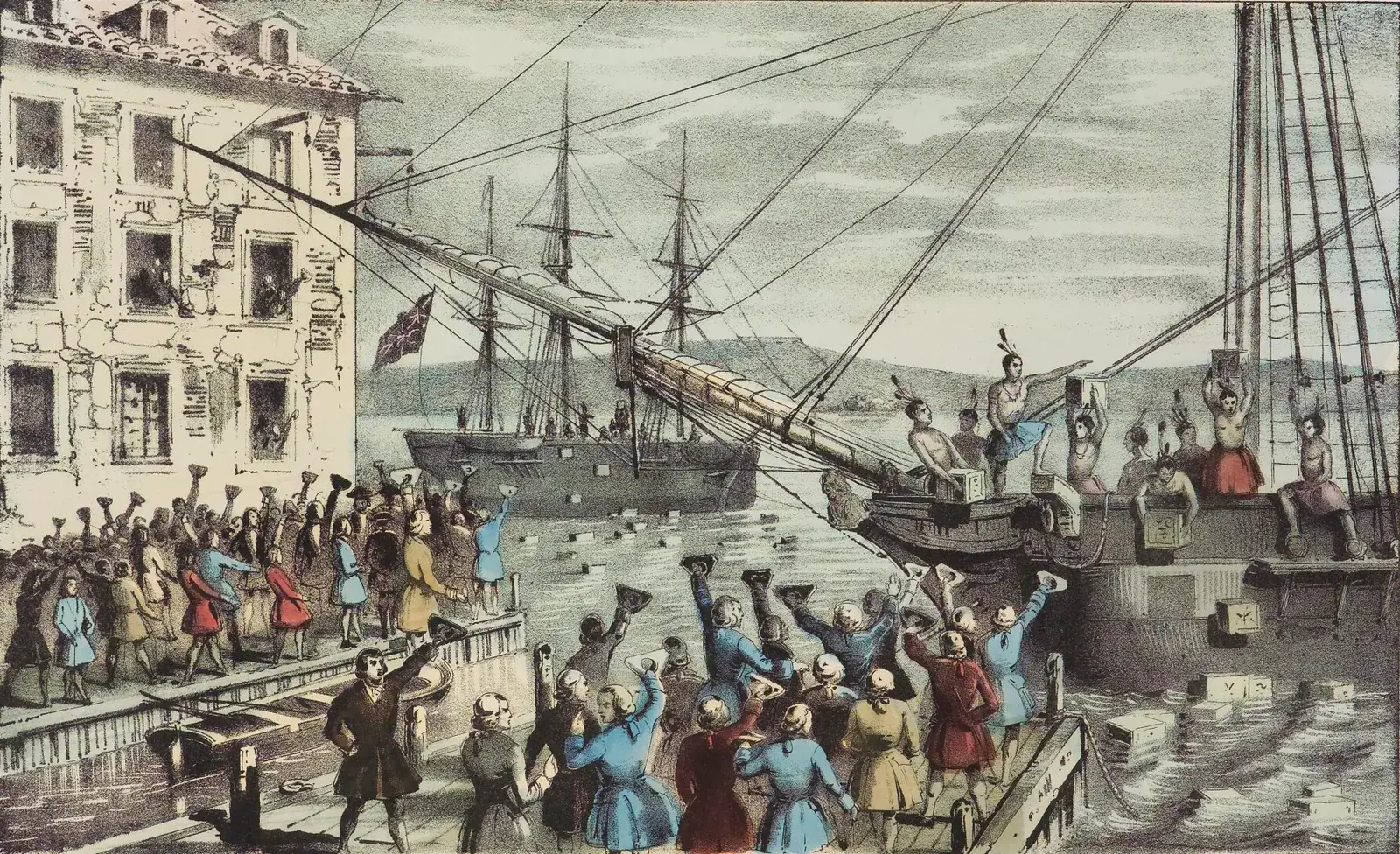 Colonists disguised as Mohawk warriors dumping tea chests from a ship into Boston Harbor at night