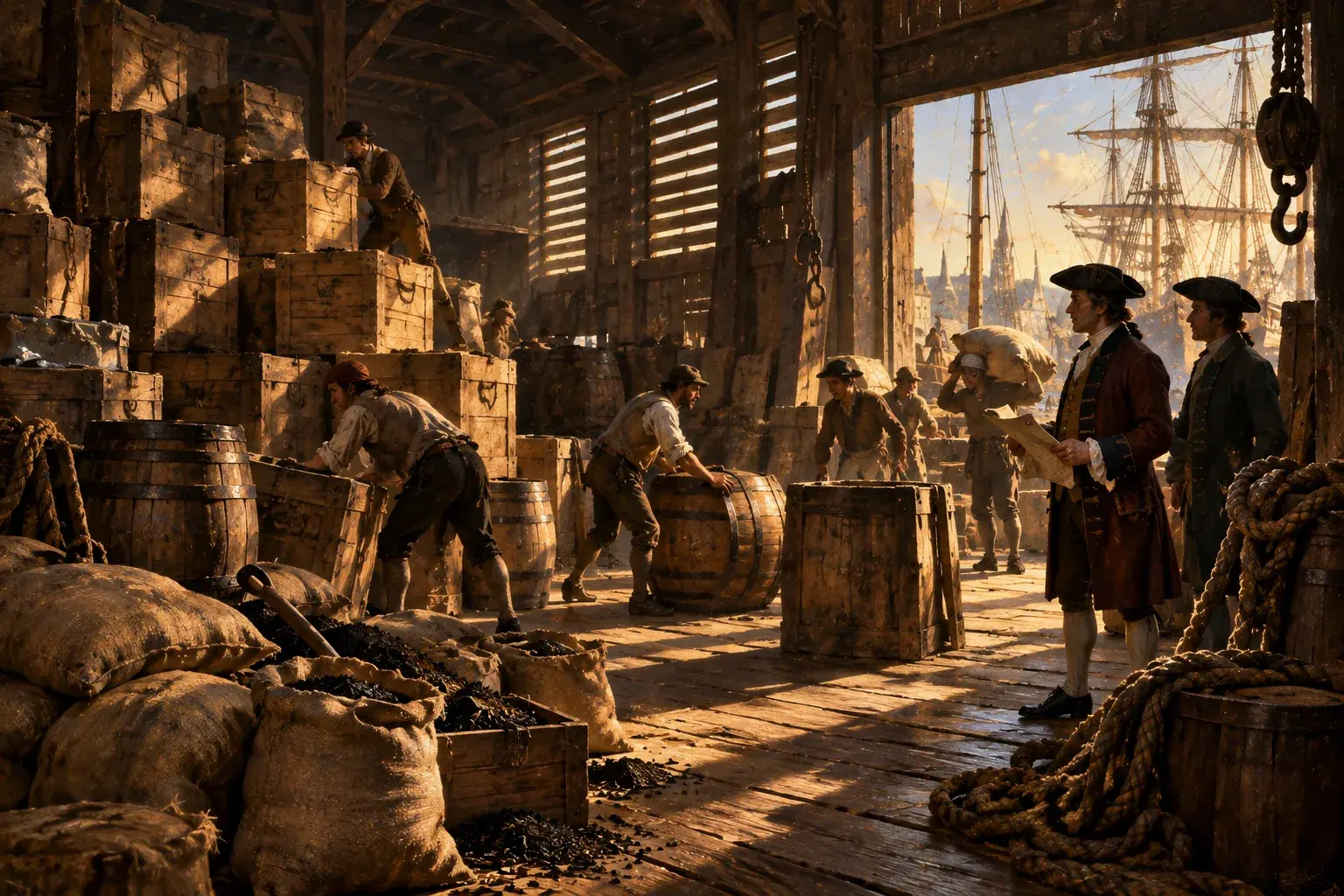 Stacked wooden tea chests inside a dim colonial-era harbor warehouse