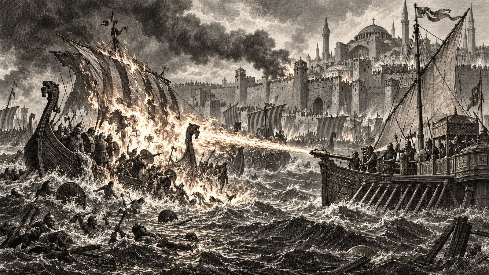A Byzantine dromon spraying Greek fire onto a Rus' warship