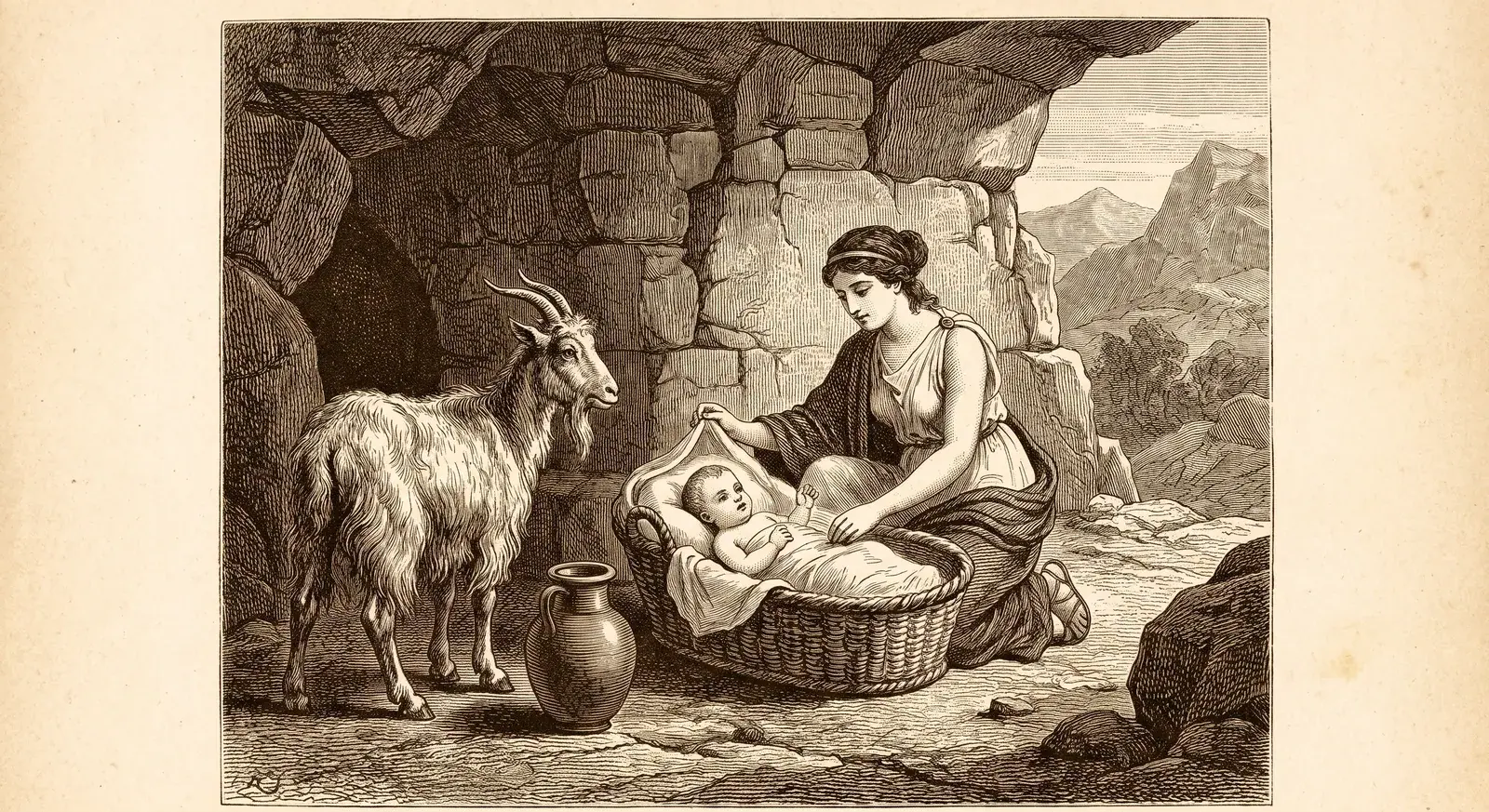 The infant Zeus being cared for in a cave on Crete, with the goat Amaltheia nearby