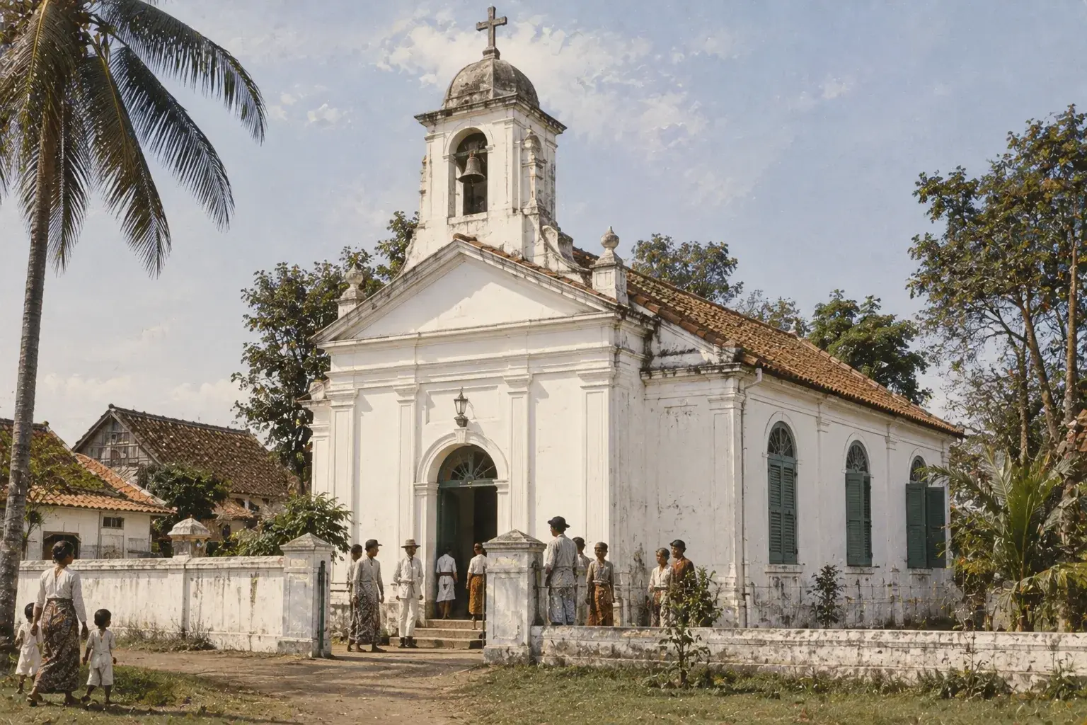 The white colonial-era Tugu Church with a small bell tower in Kampung Tugu, North Jakarta
