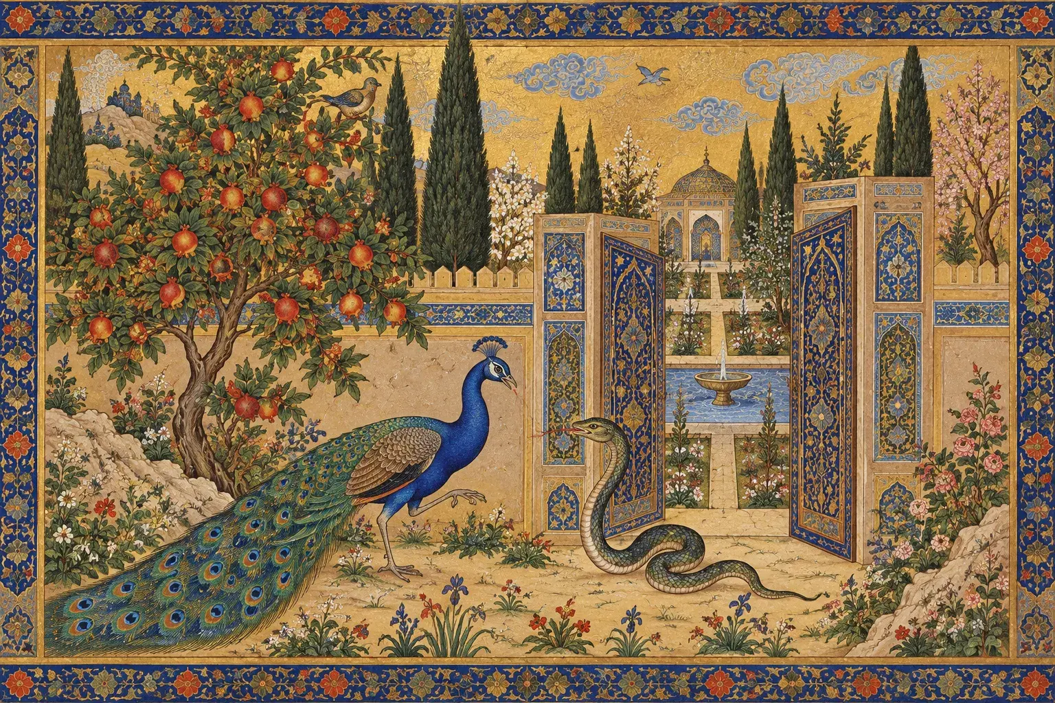 A Persian manuscript-style illustration of a peacock and a serpent beside the gates of a walled garden