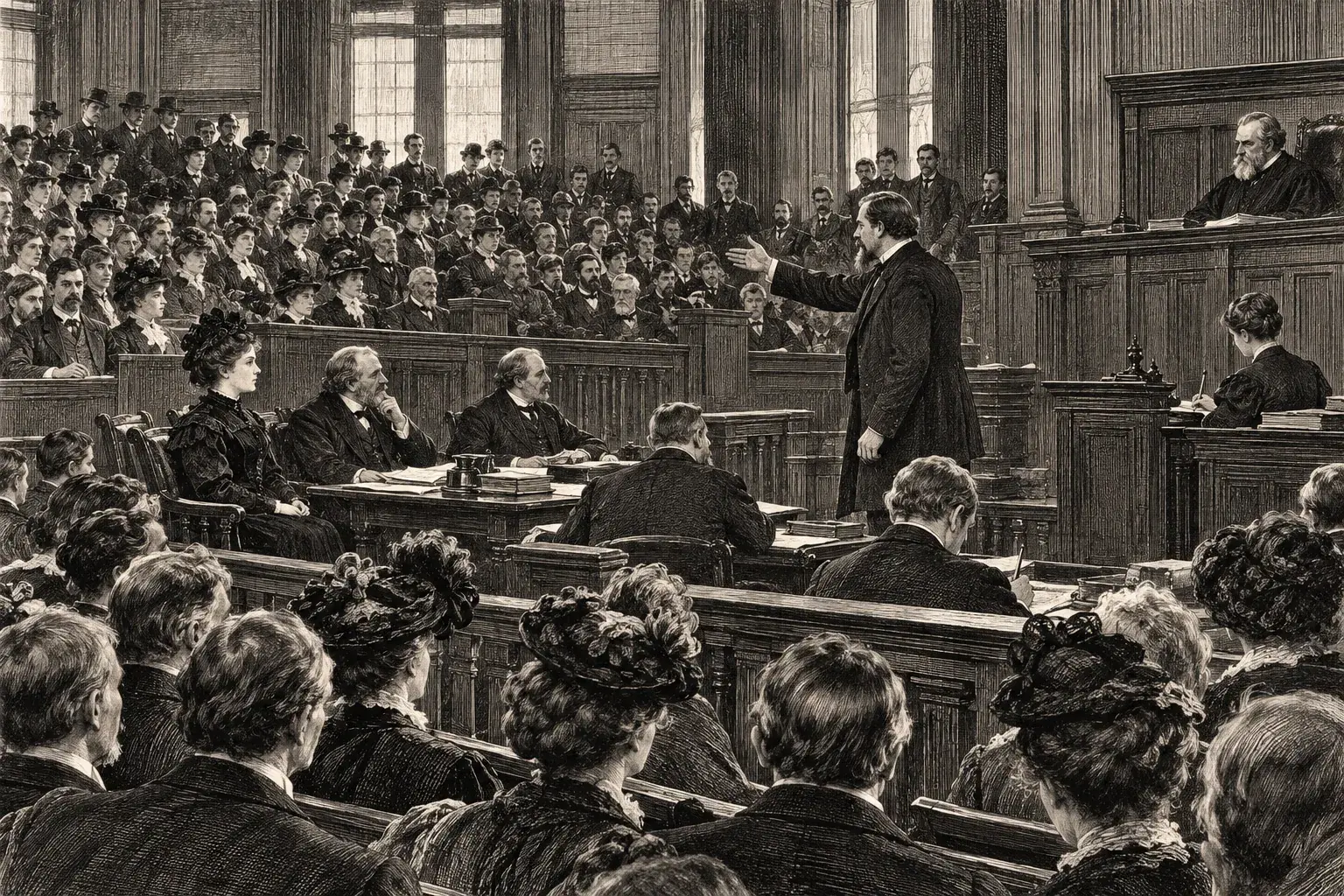 A packed nineteenth-century courtroom in New Bedford, with the defendant seated before the bench during the 1893 trial