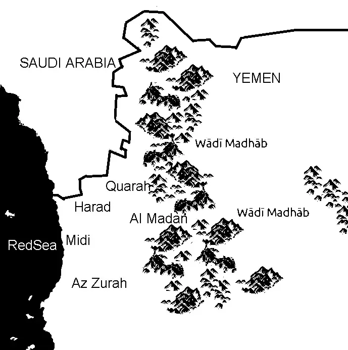 Rugged, arid mountains along the frontier between Saudi Arabia and Yemen