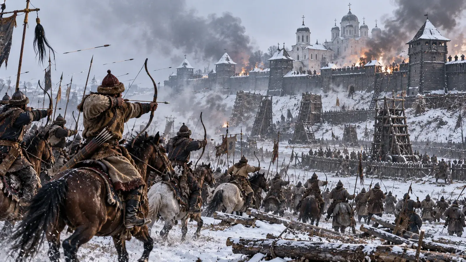 Mongol forces under Batu Khan besieging the walls of Kiev