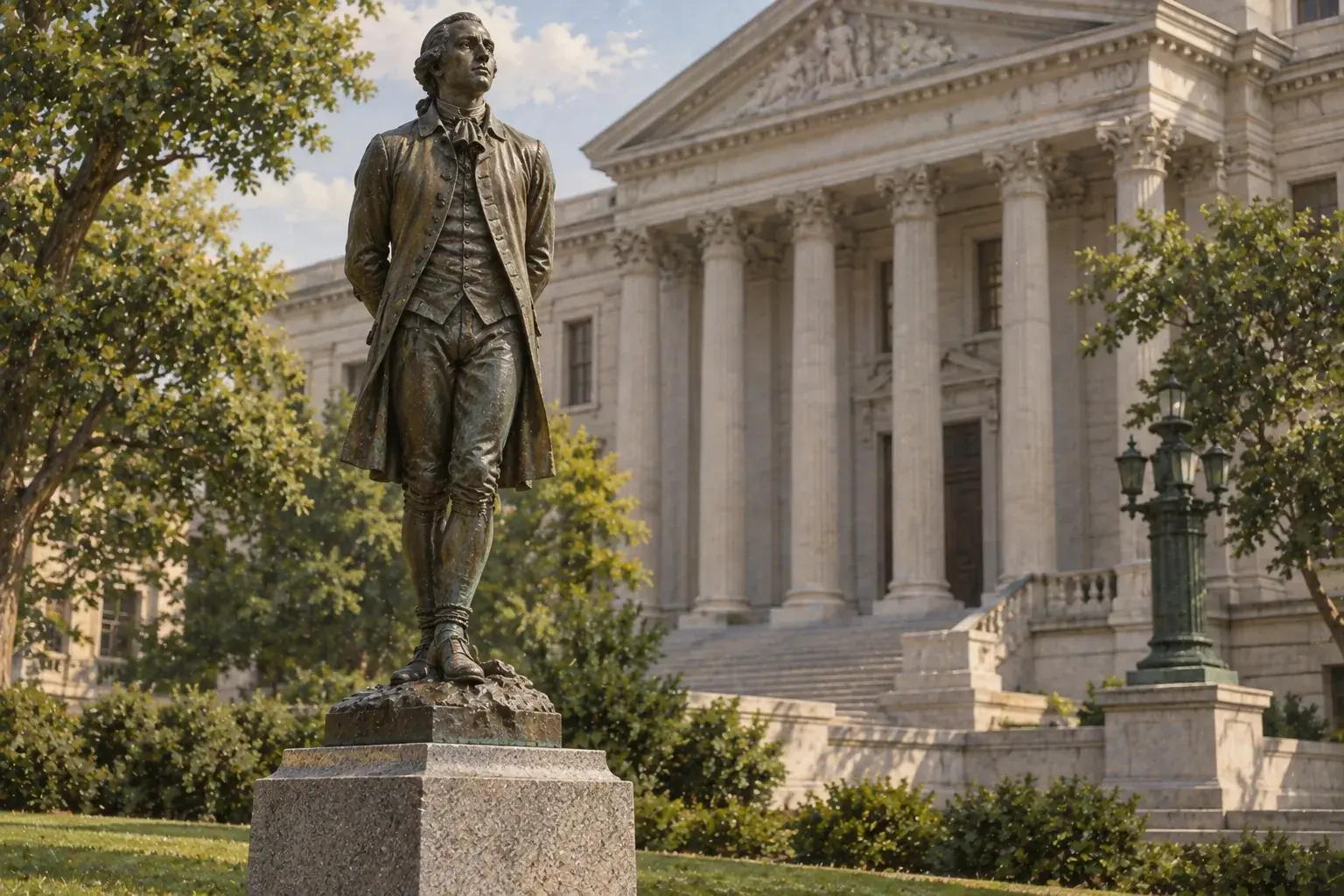 A bronze statue of Nathan Hale, a replica of the Bela Lyon Pratt original at Yale, standing outside a government building