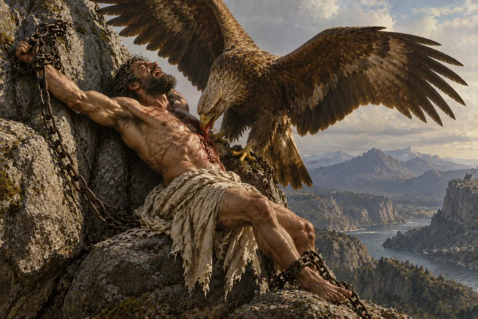 Prometheus chained to a rock while an eagle attacks his liver