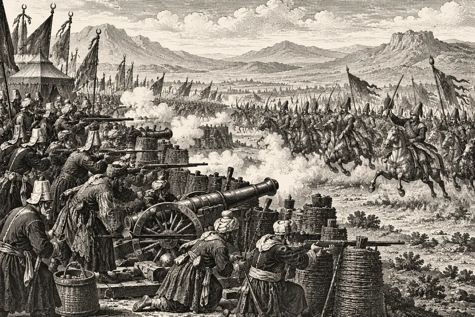 Ottoman and Safavid cavalry and infantry clashing on the plains of Chaldiran