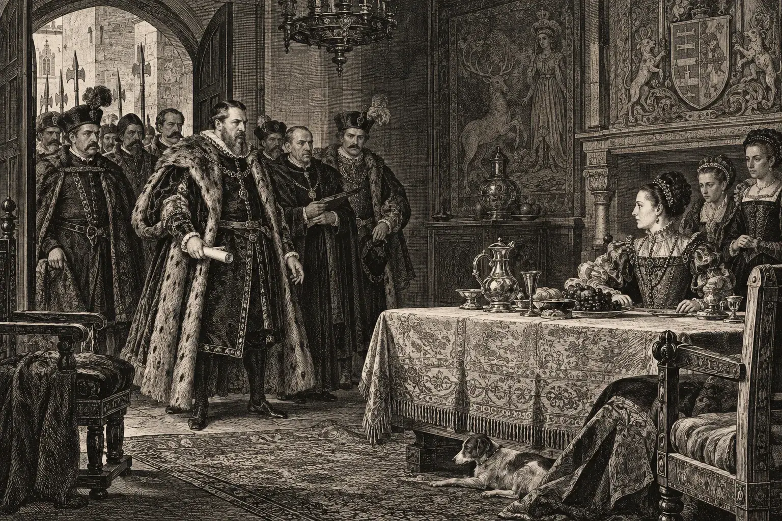 Illustration of György Thurzó and his men entering Csejte Castle to arrest Elizabeth Báthory