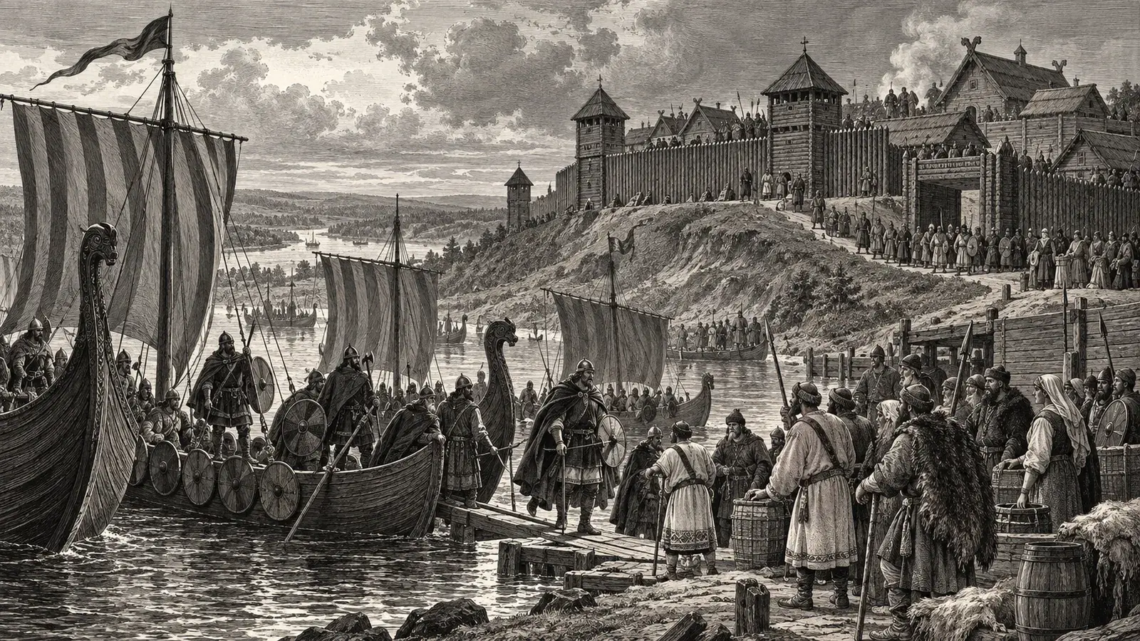 Varangian longships arriving on the river below the Slavic settlement of Novgorod