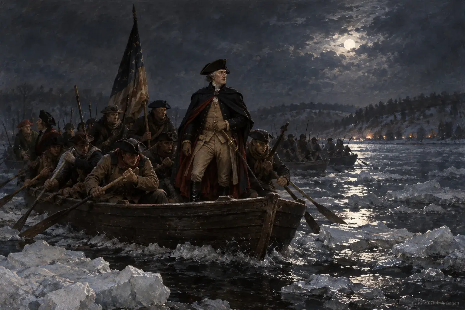 Continental soldiers rowing flat-bottomed boats through drifting ice on the Delaware River at night, with George Washington standing near the bow